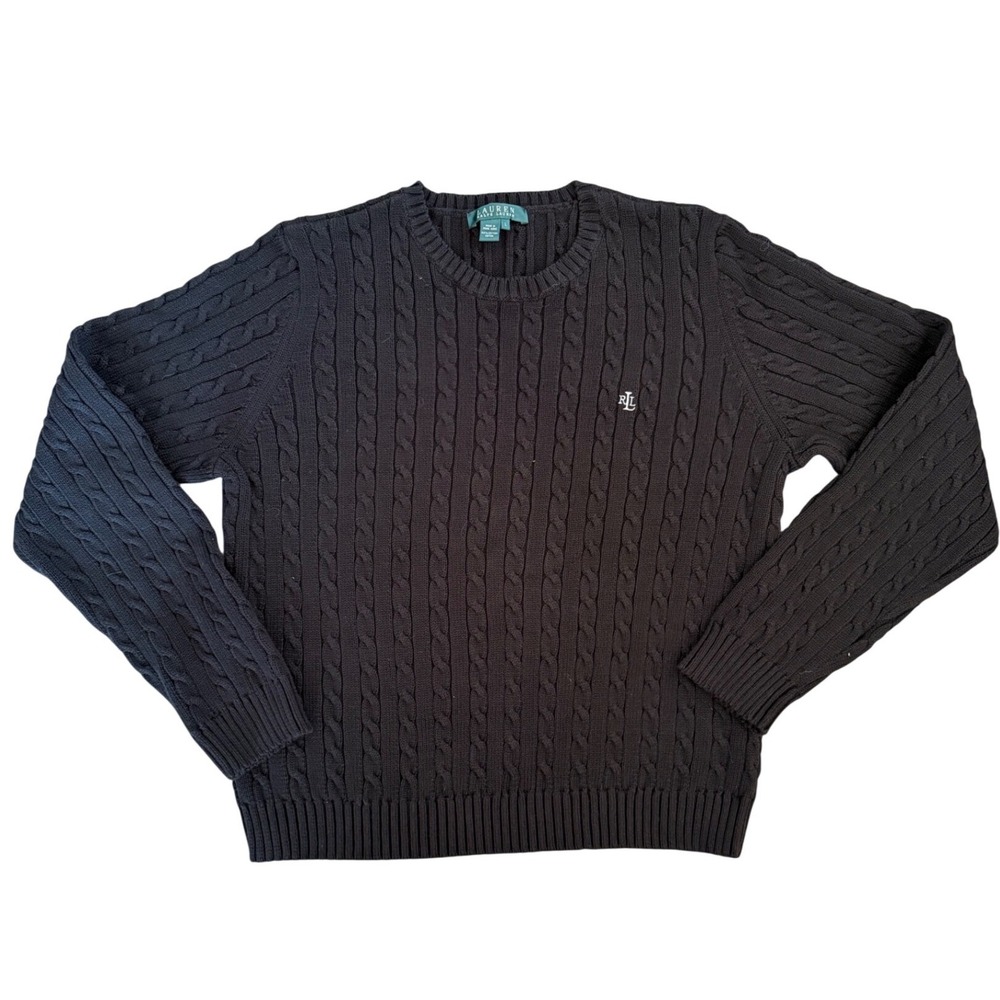 Lauren Ralph Lauren Navy Blue 100% Cotton Cable Knit Sweater RL Logo Large